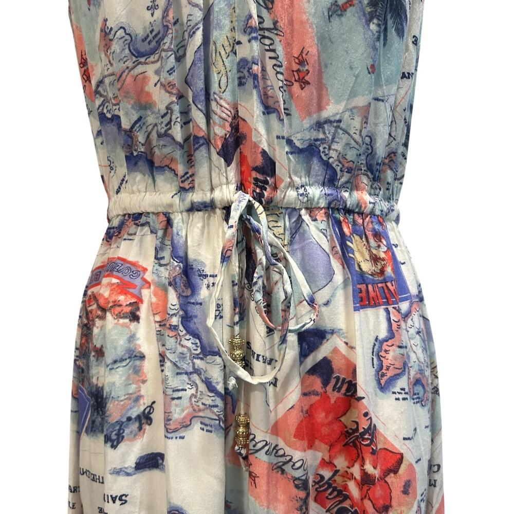 Postcard Print Halter Maxi Dress Sheer Chiffon Hem Tie Neck Womens Small - Picture 14 of 16